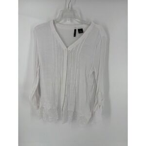 Celestia White Embroidered Lace V Neck Button Front Blouse Shirt Top M